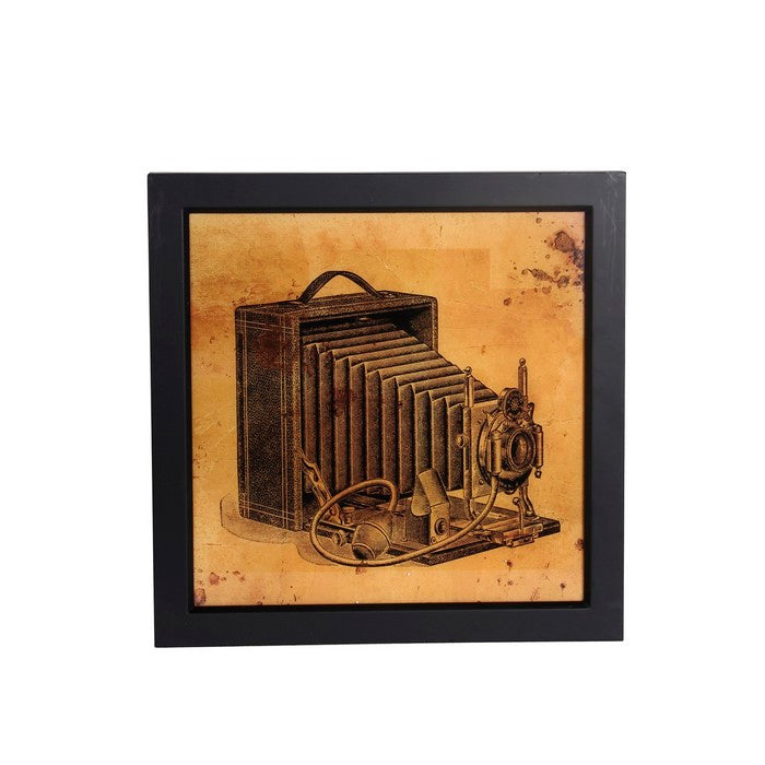 Square Vintage Camera Wall Art with Wooden Frame, Brown and Black