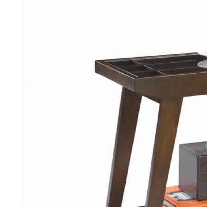Rectangular Glass Top Wooden End Table with Slanted Legs, Espresso Brown