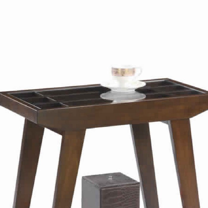 Rectangular Glass Top Wooden End Table with Slanted Legs, Espresso Brown