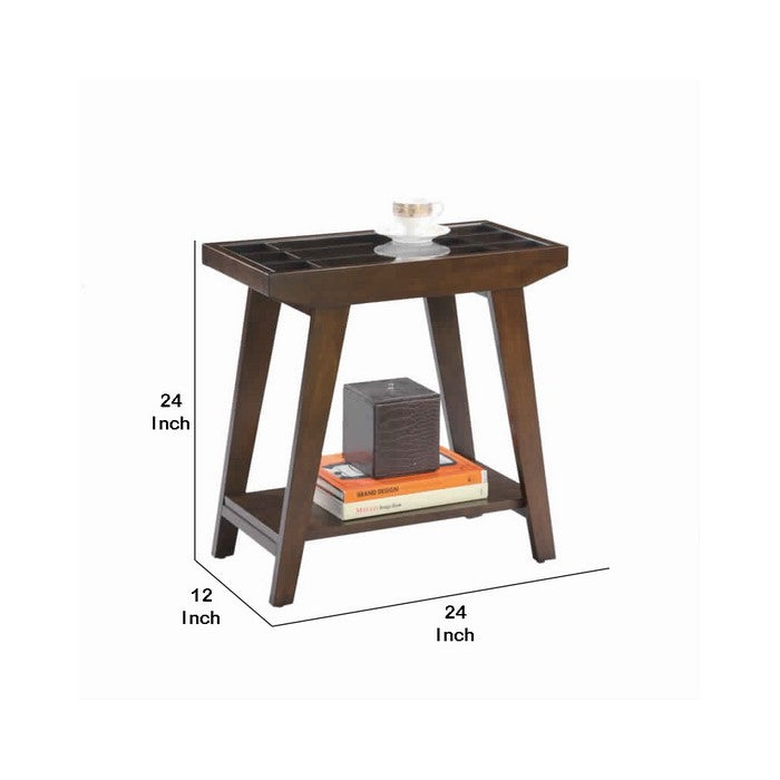 Rectangular Glass Top Wooden End Table with Slanted Legs, Espresso Brown