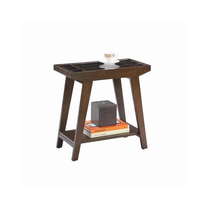 Rectangular Glass Top Wooden End Table with Slanted Legs, Espresso Brown