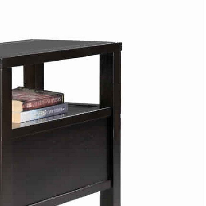 Wooden End Table with Upper Shelf and 2 Drawers, Dark Brown