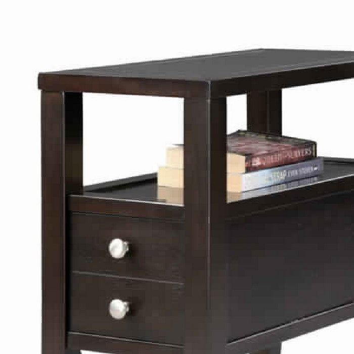Wooden End Table with Upper Shelf and 2 Drawers, Dark Brown