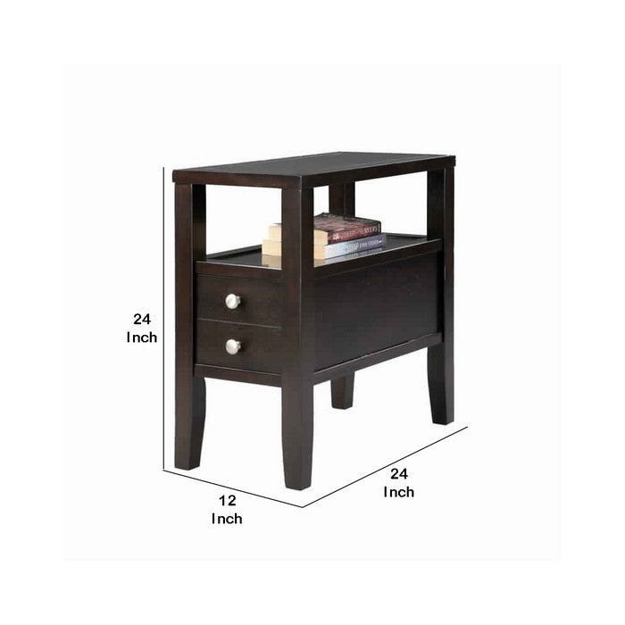 Wooden End Table with Upper Shelf and 2 Drawers, Dark Brown