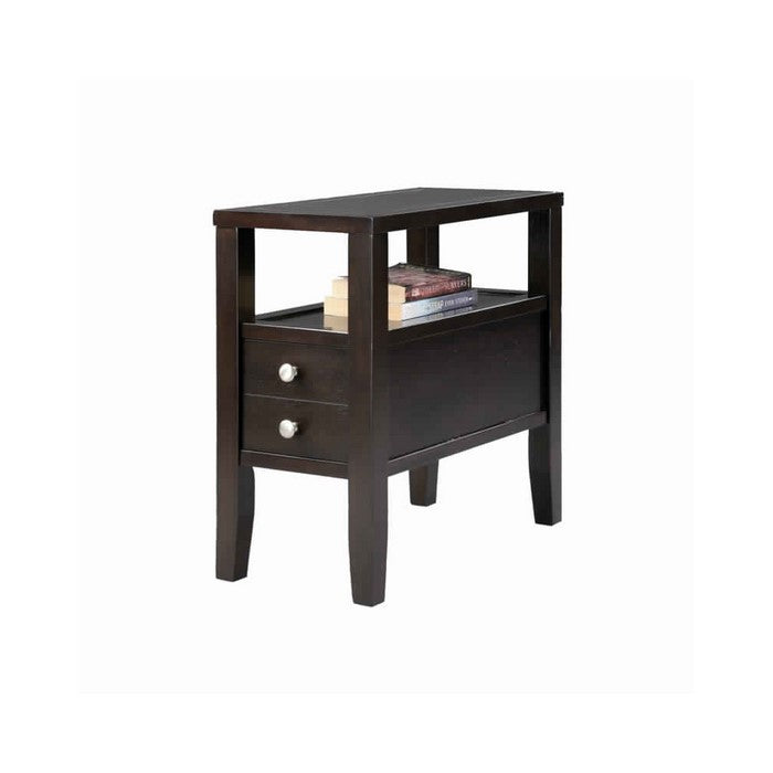 Wooden End Table with Upper Shelf and 2 Drawers, Dark Brown