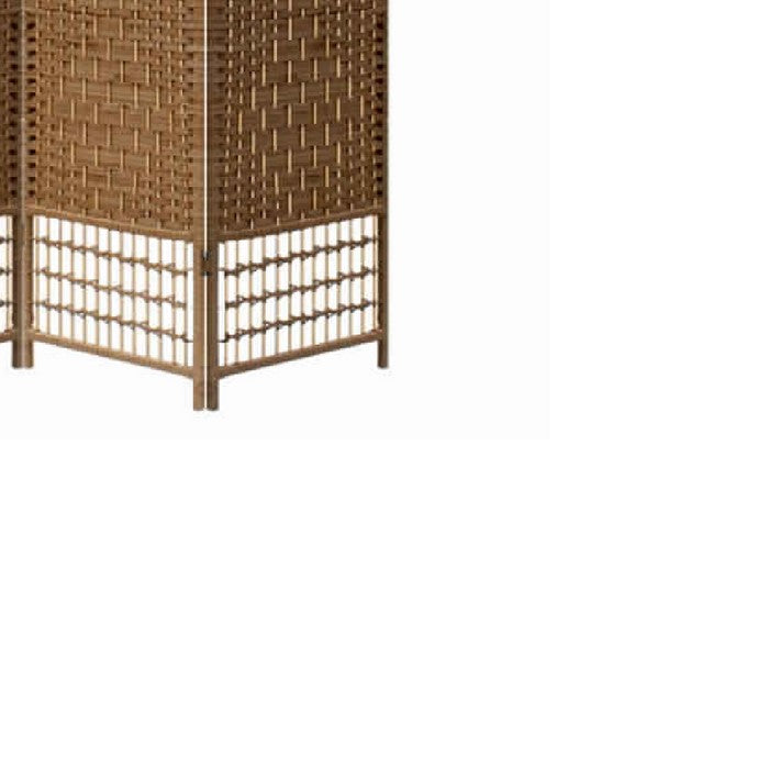 Wood and Paper Straw 4 Panel Screen with Nailhead Trim, Brown