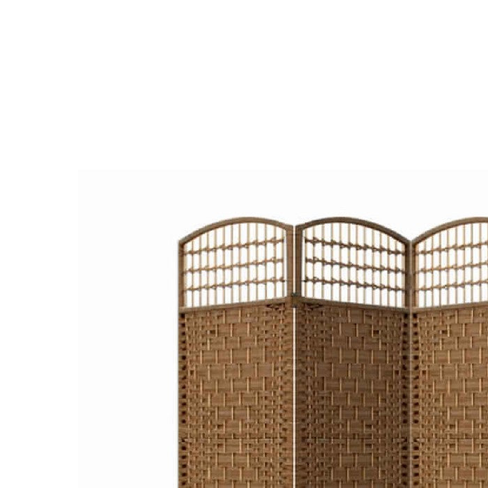 Wood and Paper Straw 4 Panel Screen with Nailhead Trim, Brown