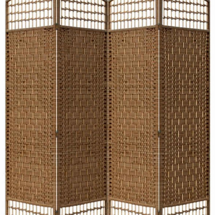 Wood and Paper Straw 4 Panel Screen with Nailhead Trim, Brown