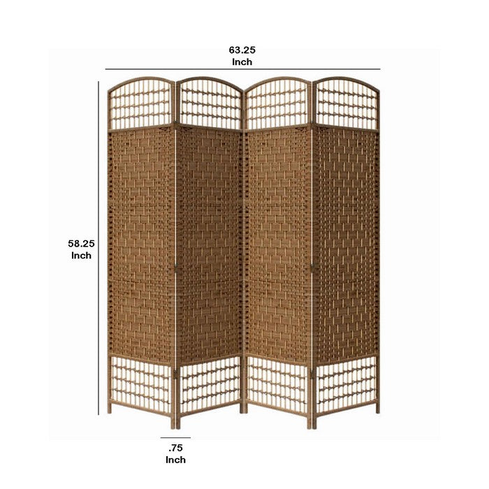 Wood and Paper Straw 4 Panel Screen with Nailhead Trim, Brown