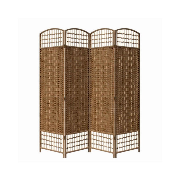 Wood and Paper Straw 4 Panel Screen with Nailhead Trim, Brown