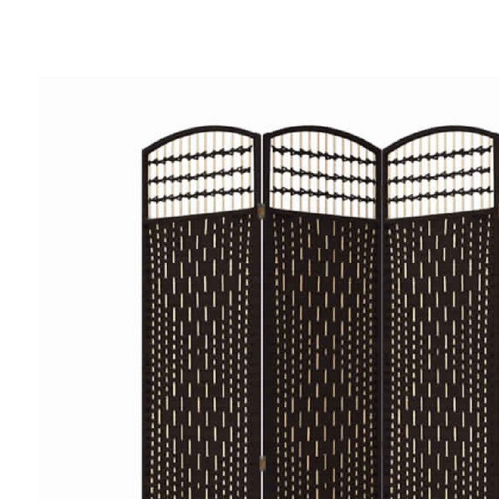 Wood and Paper Straw 4 Panel Screen with Nailhead Trim, Espresso Brown