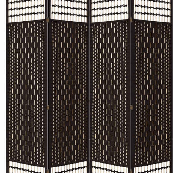 Wood and Paper Straw 4 Panel Screen with Nailhead Trim, Espresso Brown