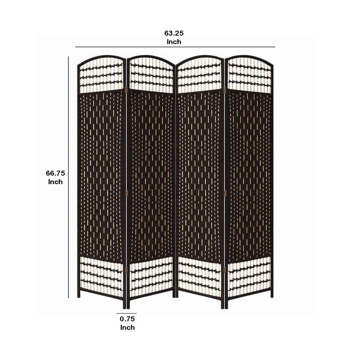 Wood and Paper Straw 4 Panel Screen with Nailhead Trim, Espresso Brown