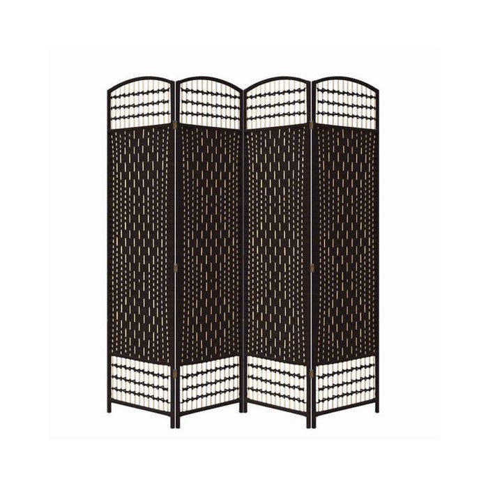 Wood and Paper Straw 4 Panel Screen with Nailhead Trim, Espresso Brown
