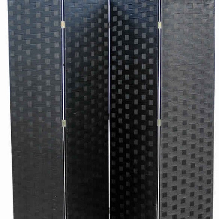 Paper Straw Weave 4 Panel Screen with 2 Inch Wooden Legs, Black