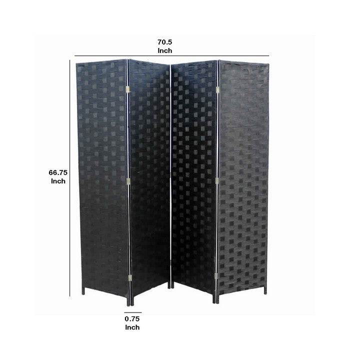Paper Straw Weave 4 Panel Screen with 2 Inch Wooden Legs, Black