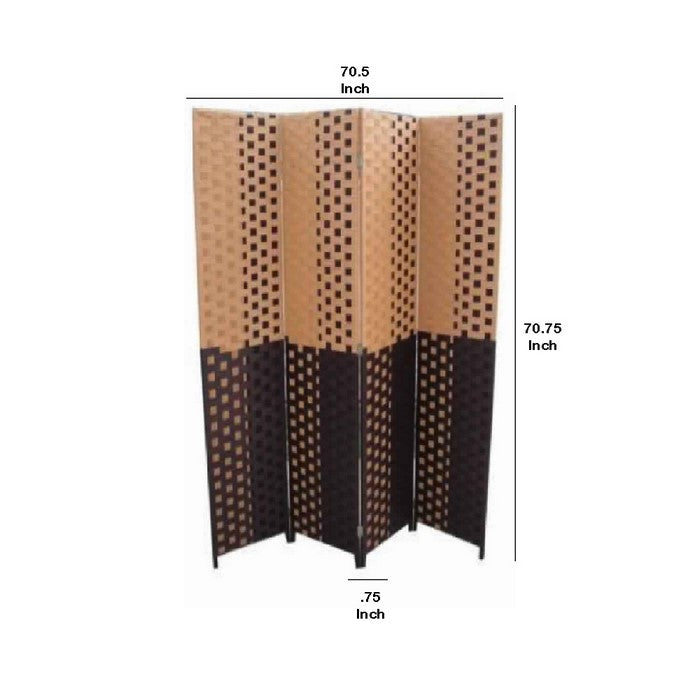 Paper Straw Weave 4 Panel Screen with 2 Inch Wooden Legs, Brown