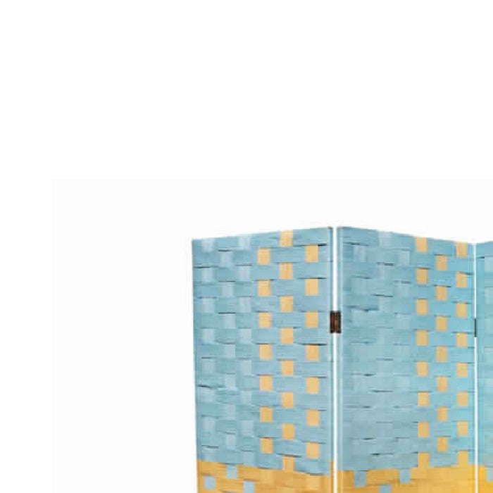 Paper Straw 4 Panel Screen with 2 Inch Wooden Legs, Blue and Yellow