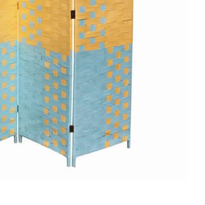 Paper Straw 4 Panel Screen with 2 Inch Wooden Legs, Blue and Yellow