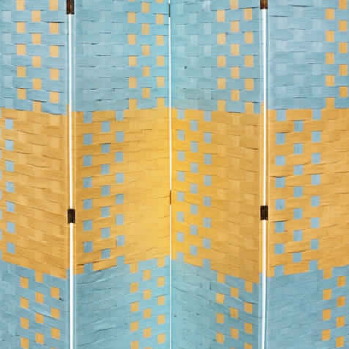 Paper Straw 4 Panel Screen with 2 Inch Wooden Legs, Blue and Yellow