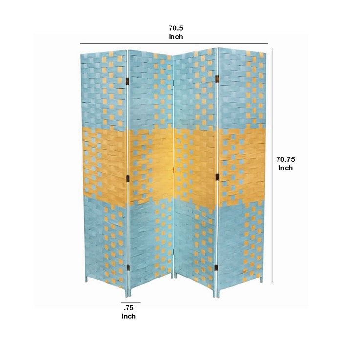 Paper Straw 4 Panel Screen with 2 Inch Wooden Legs, Blue and Yellow