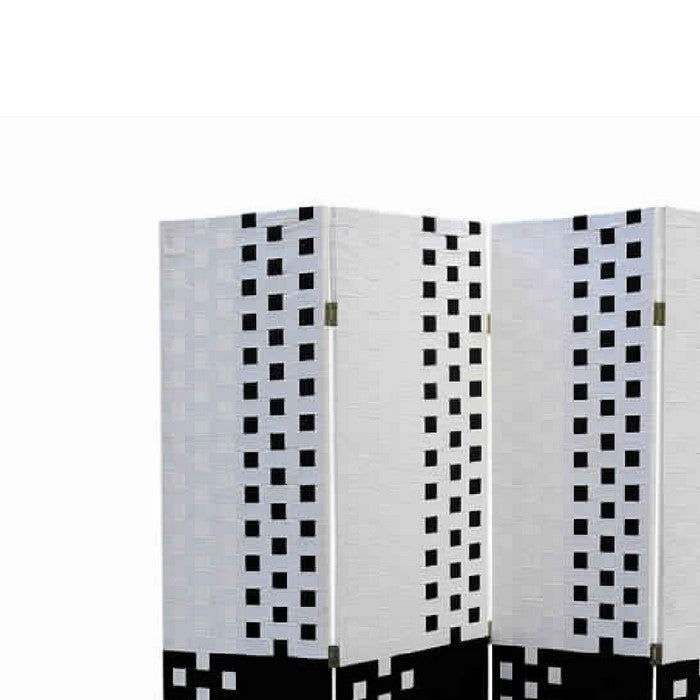 Paper Straw 4 Panel Screen with 2 Inch Wooden Legs, White and Black