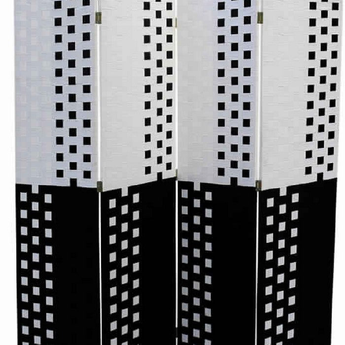 Paper Straw 4 Panel Screen with 2 Inch Wooden Legs, White and Black
