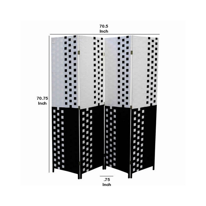 Paper Straw 4 Panel Screen with 2 Inch Wooden Legs, White and Black