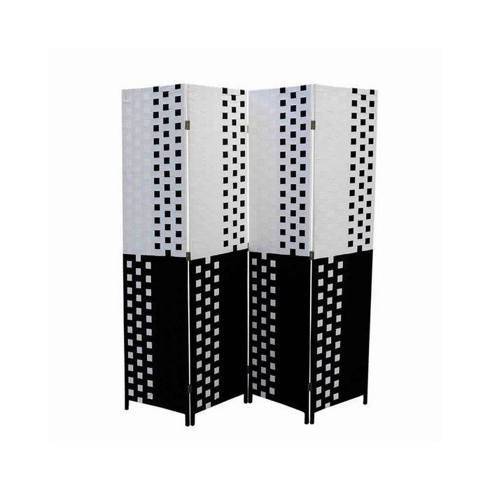 Paper Straw 4 Panel Screen with 2 Inch Wooden Legs, White and Black