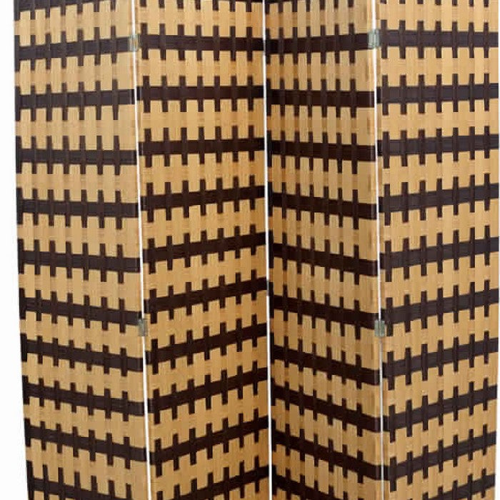 Wood and Paper Straw Weave 4 Panel Screen with 2 Inch Legs, Brown