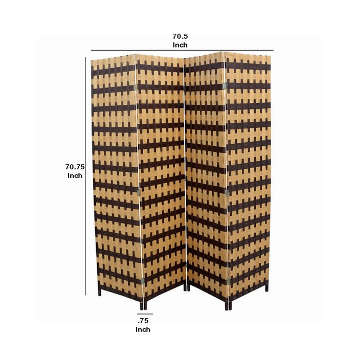 Wood and Paper Straw Weave 4 Panel Screen with 2 Inch Legs, Brown