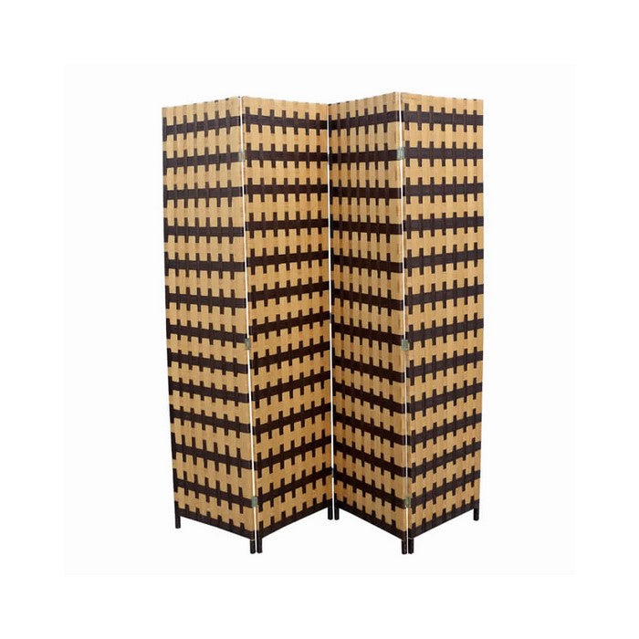 Wood and Paper Straw Weave 4 Panel Screen with 2 Inch Legs, Brown