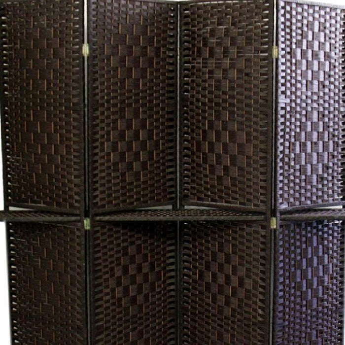 Wood and Paper Straw Textured 4 Panel Screen with Shelf, Brown