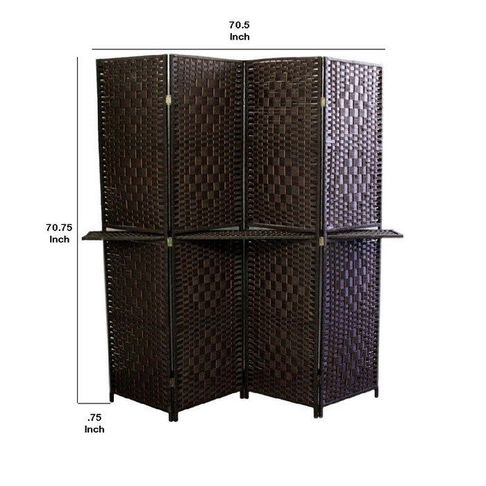 Wood and Paper Straw Textured 4 Panel Screen with Shelf, Brown