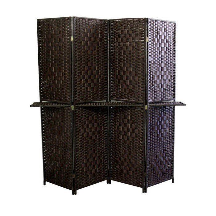 Wood and Paper Straw Textured 4 Panel Screen with Shelf, Brown