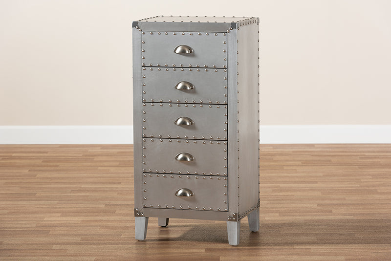 Baxton Studio Carel French Industrial Silver Metal 5-Drawer Accent Storage Cabinet
