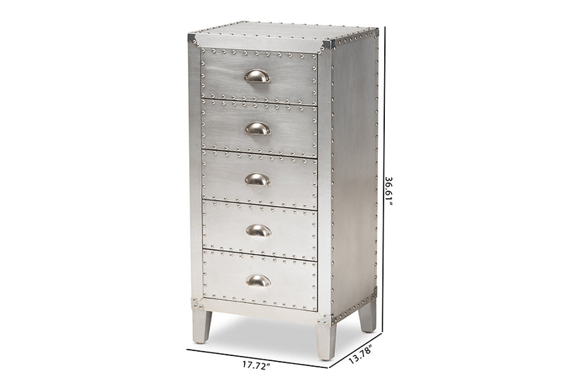 Baxton Studio Carel French Industrial Silver Metal 5-Drawer Accent Storage Cabinet