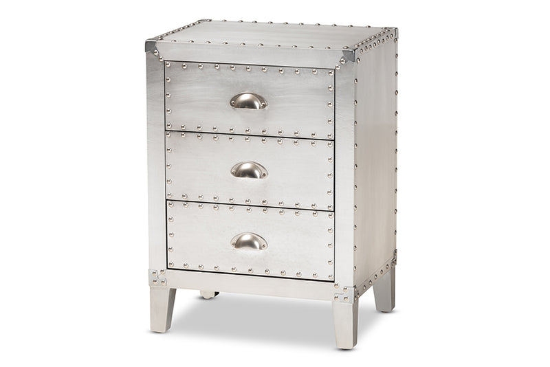 Baxton Studio Claude French Industrial Silver Metal 3-Drawer Nightstand