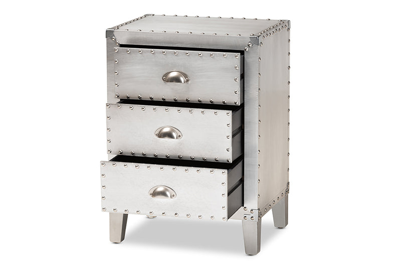 Baxton Studio Claude French Industrial Silver Metal 3-Drawer Nightstand