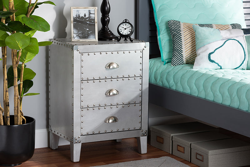 Baxton Studio Claude French Industrial Silver Metal 3-Drawer Nightstand