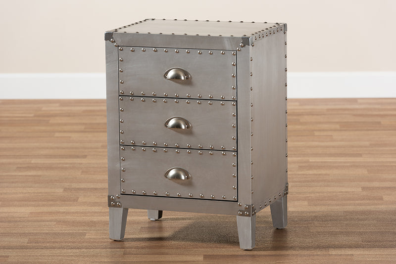 Baxton Studio Claude French Industrial Silver Metal 3-Drawer Nightstand