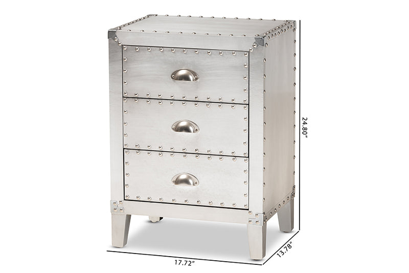 Baxton Studio Claude French Industrial Silver Metal 3-Drawer Nightstand