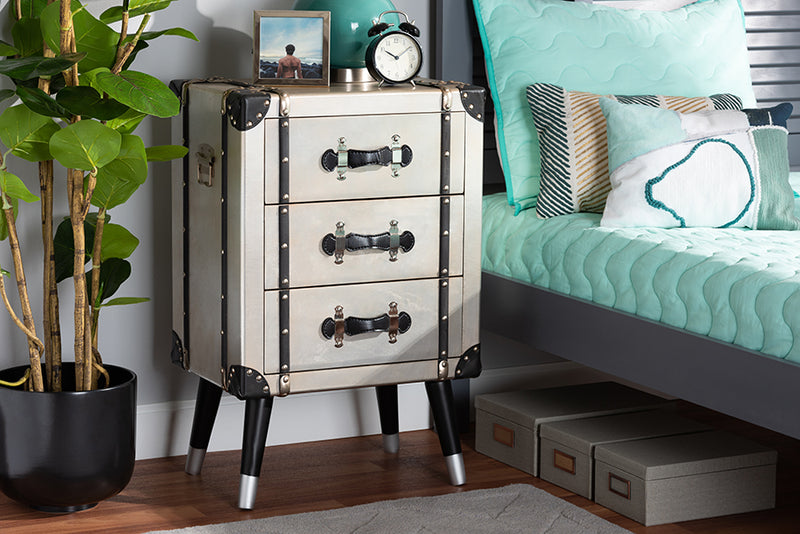 Baxton Studio Dilan Vintage Industrial Antique Silver Finished Metal Trunk Inspired 3-Drawer Nightstand
