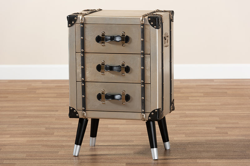Baxton Studio Dilan Vintage Industrial Antique Silver Finished Metal Trunk Inspired 3-Drawer Nightstand