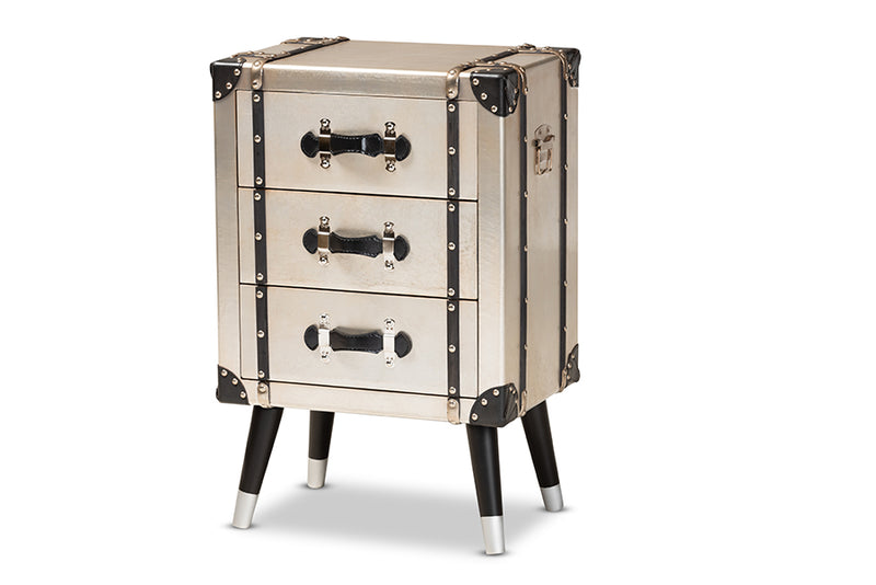 Baxton Studio Dilan Vintage Industrial Antique Silver Finished Metal Trunk Inspired 3-Drawer Nightstand