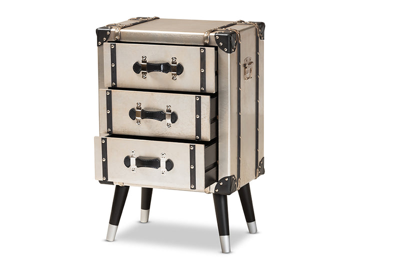 Baxton Studio Dilan Vintage Industrial Antique Silver Finished Metal Trunk Inspired 3-Drawer Nightstand