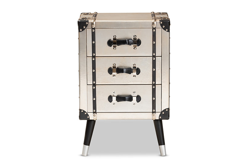 Baxton Studio Dilan Vintage Industrial Antique Silver Finished Metal Trunk Inspired 3-Drawer Nightstand