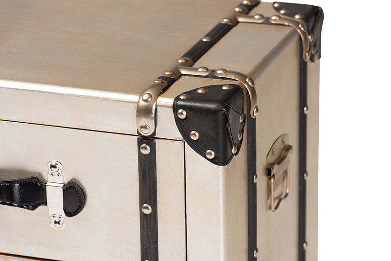 Baxton Studio Dilan Vintage Industrial Antique Silver Finished Metal Trunk Inspired 3-Drawer Nightstand