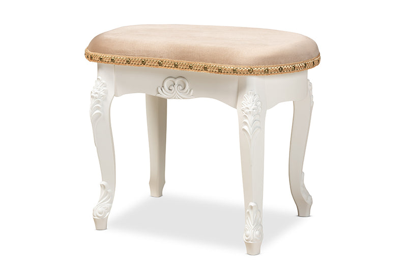 Baxton Studio Gabrielle Traditional French Country Provincial Sand Velvet Fabric Upholstered White-Finished Wood Vanity Ottoman