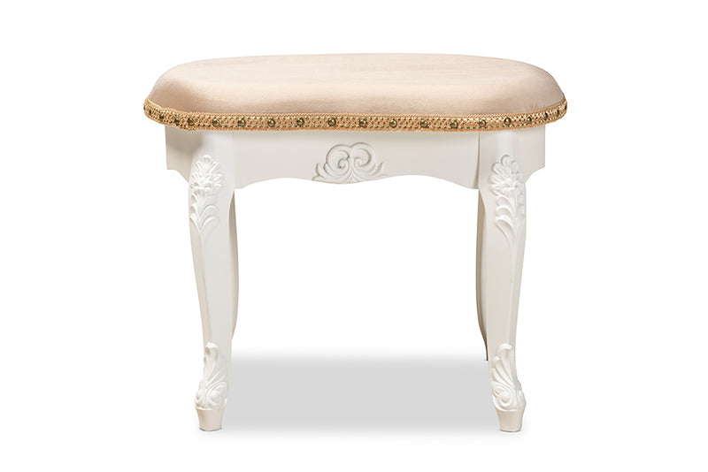 Baxton Studio Gabrielle Traditional French Country Provincial Sand Velvet Fabric Upholstered White-Finished Wood Vanity Ottoman